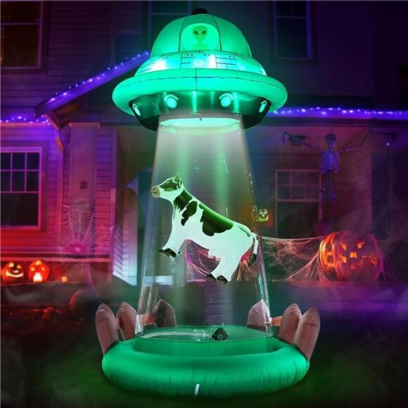 New 10 FT Halloween Inflatables UFO with Floating Cow Outdoor Decorations, - Picture 1 of 8